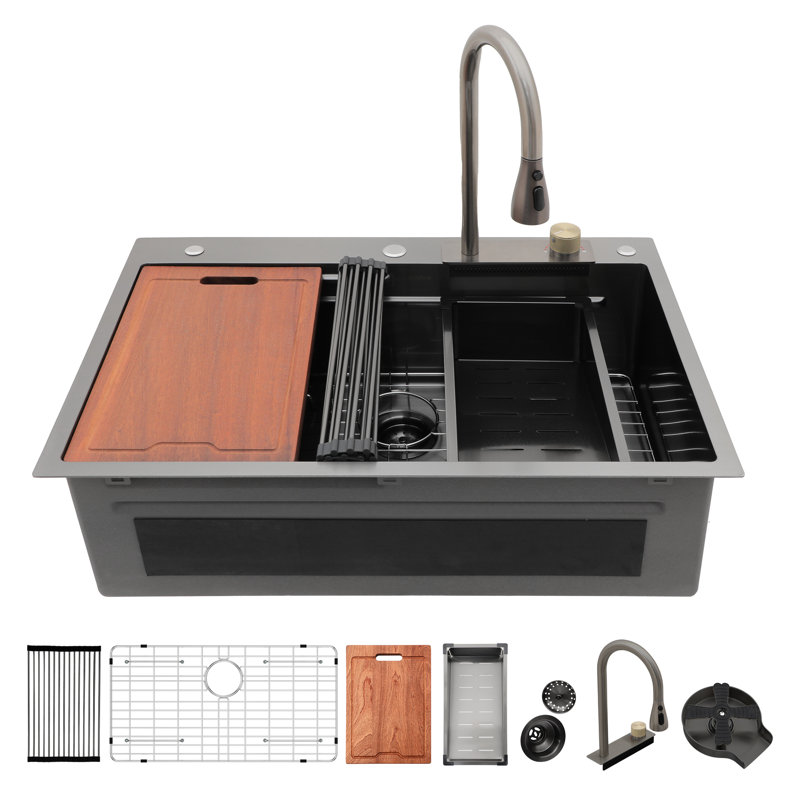 Évier de cuisine 33 po x 22 po x 10 po en acier inoxydable de calibre 16 noir T304 avec cascade, robinet coulissant et passoire