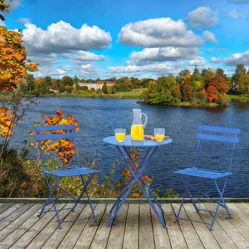 Anshu Iron Table And Folding Chair Set, 2 - Person Round Outdoor Dining Set, Peacock Blue