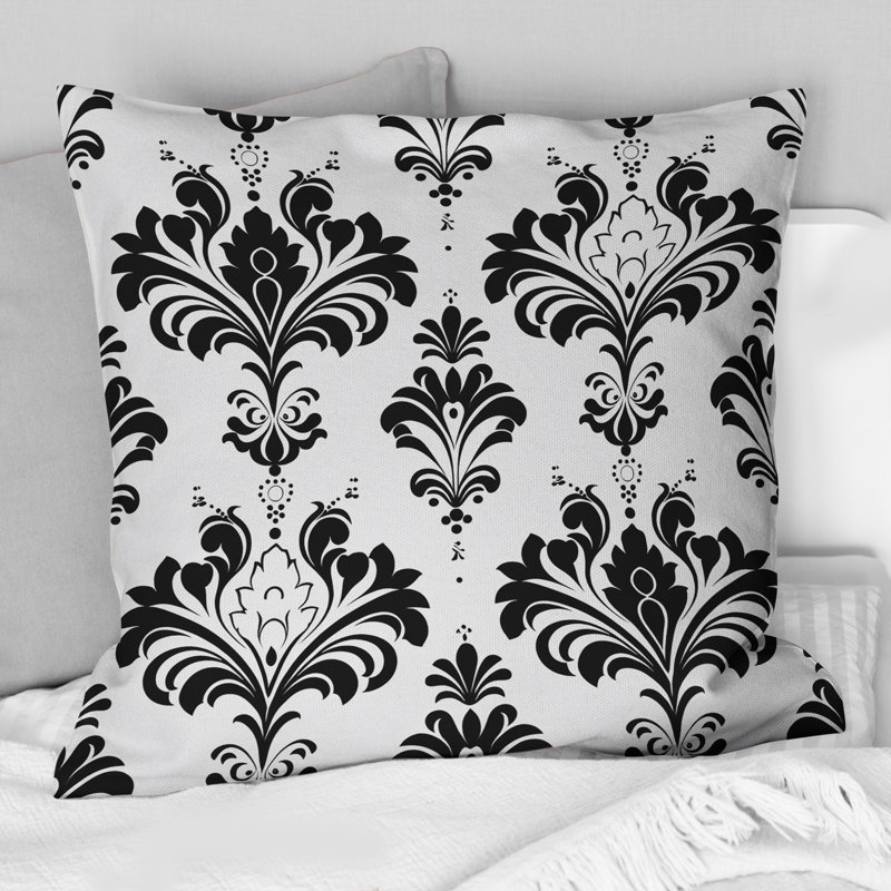 Coussin décoratif moderne noir et blanc à motif damassé I, H 16 po x l 16 po