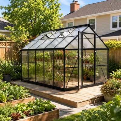 Serre de jardin en aluminium noir avec panneaux en polycarbonate et évent de toit de l 8 pi x P 16 pi
