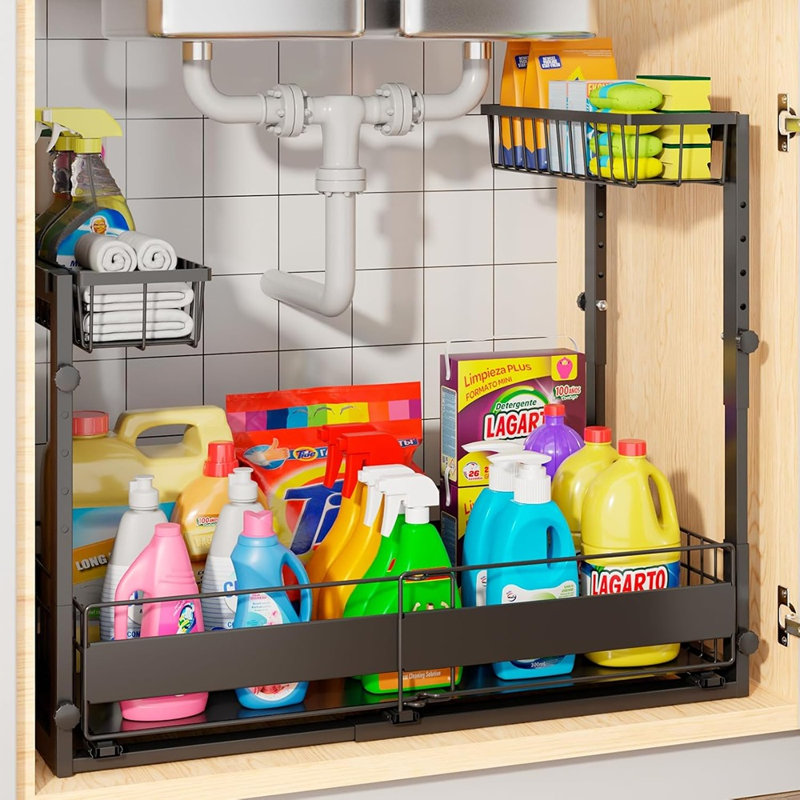 2-Tier Pull-Out Under Sink Organizer, 5-Level Adjustable Height Cabinet Storage, Large, Black