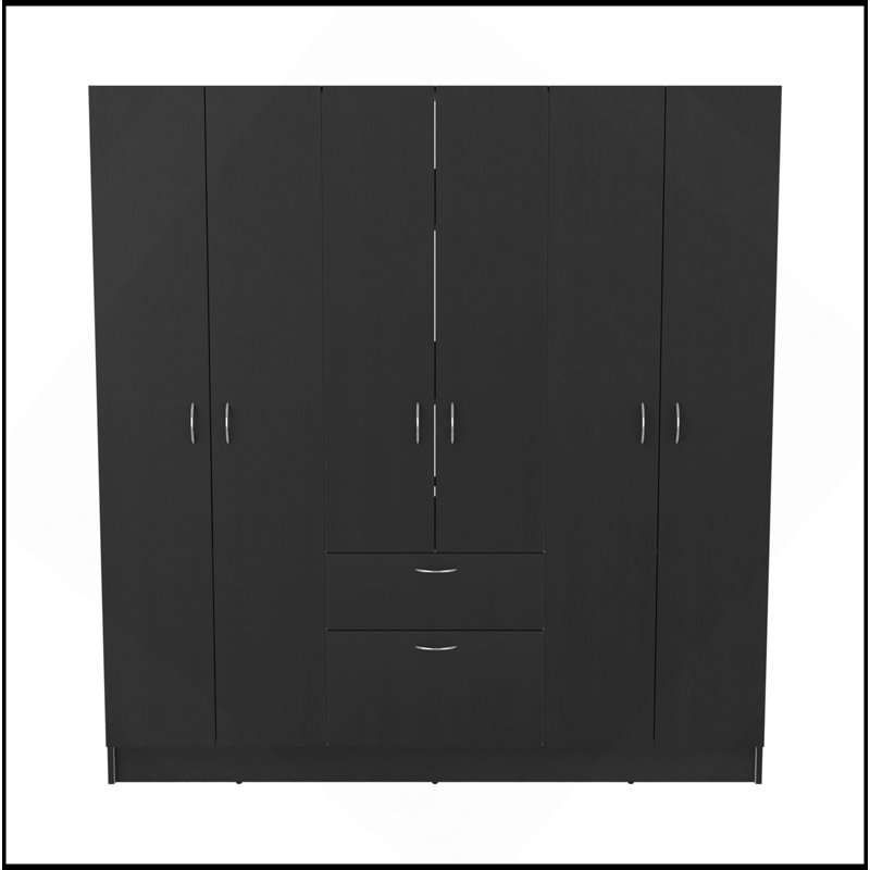 Armoire à six portes Mitu, sept tablettes intérieures, un tiroir, tringle noire / blanche