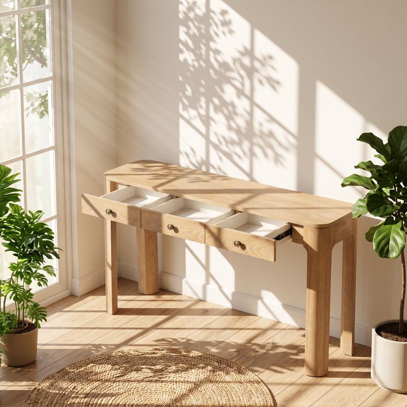 52 " W Console Table, Natural Wood / Tan