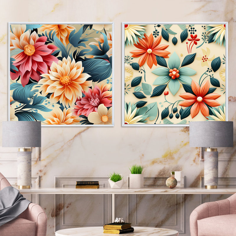 Rétro kaléidoscope floral Melody - ensemble de 2 collages floraux carrés, Cadre flottant blanc, H 16 po x l 33 po