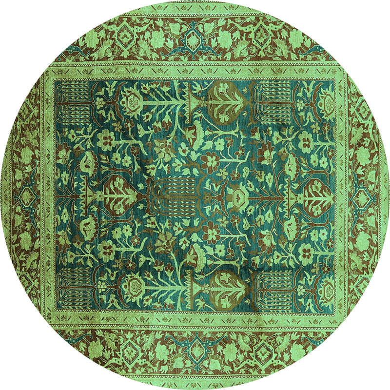 Tapis oriental en laine / polyester tissé à la machine en turquoise / brun / beige, Rond 6 pi