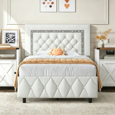 Alber Faux Leather Diamond Tufted Platform Bed with Headboard & 2 Rustic Farmhouse Nightstands Set, Barn Door End Tables with Storage Shelf