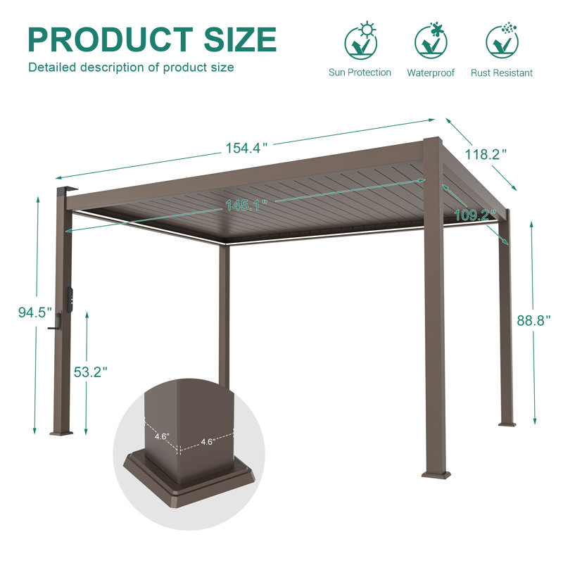 Aluminum Frame Solar LED Patio Pergola with Adjustable Louvered Roof, Dark Gray, 10 X 13'