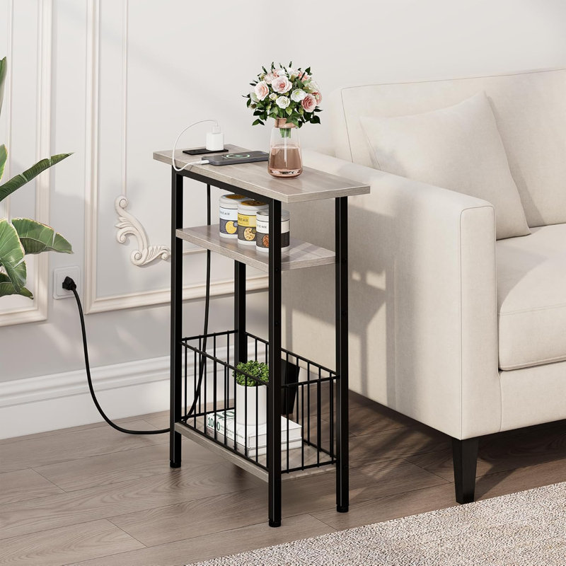 Slim Side Table With Charging Station, Narrow End Table With Built-In USB, Type-C & AC Outlet, 3-Tier Storage Shelves For Small Spaces, Tall Nightstand For Living Room Or Bedroom