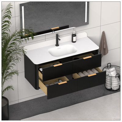 Meuble-lavabo cannelé en chêne noir 48 po avec lavabo intégré et quincaillerie dorée