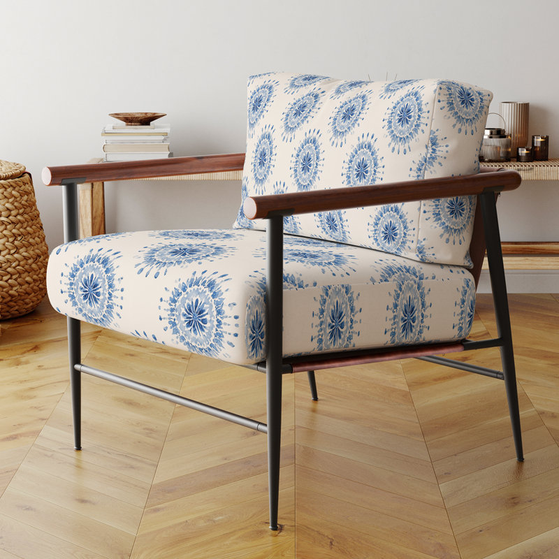 Chaise d'appoint abstraite - fauteuil avec accoudoirs boho mandala bleu et beige, Accoudoirs ronds