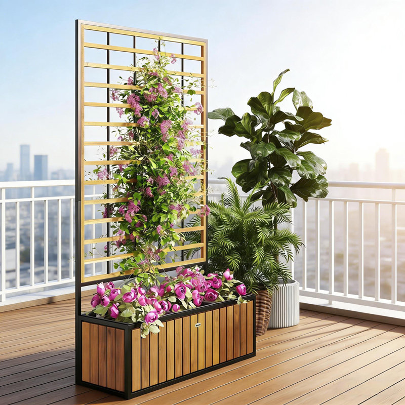 Lit de jardin surélevé en bois avec treillis, Teck