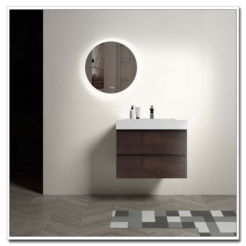 Meuble-lavabo mural flottant avec lavabo pré-assemblé sans poignée, Noyer, 30", Blanc