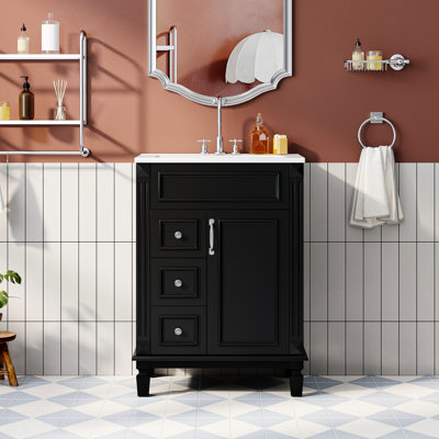 Meuble-lavabo de 61 cm avec lavabo, 2 tiroirs, tablette réglable, moderne et fonctionnel, idéal pour les petites salles de bain, lavabo en céramique de style français, fonctionnement silencieux, glissières fluides.