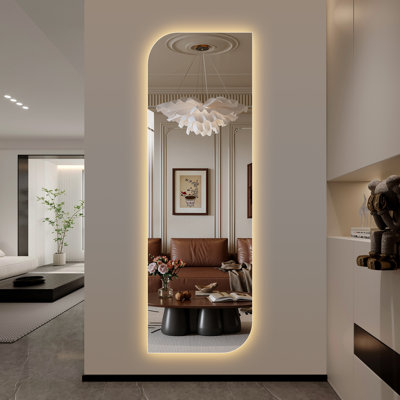65" x 21" Frameless LED Full Length Wall Mirror, 3 Color Stepless Dimmable Irregular Full Body Dressing Mirror, 5mm Copper-Free Silver Glass for Entryway Bedroom Closet
