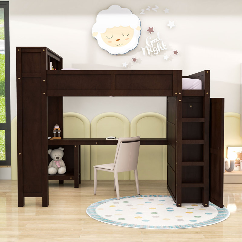 Grand lit mezzanine avec bureau intégré, garde-robe et rangement USB, Brun