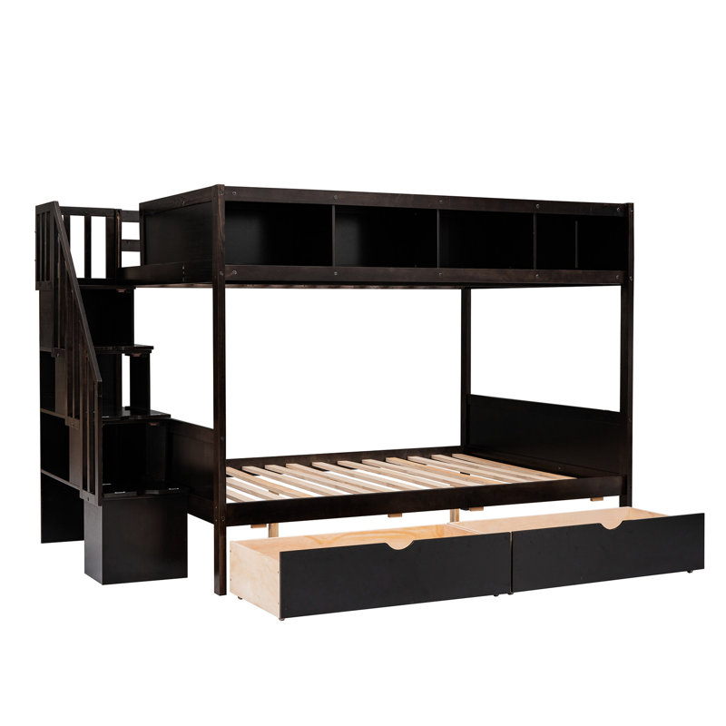 Lit superposé simple au-dessus d'un lit double avec tablette, escalier de rangement et 2 tiroirs - Transformez votre chambre à coucher en un espace chic, des tablettes, un escalier et une atmosphère douillette