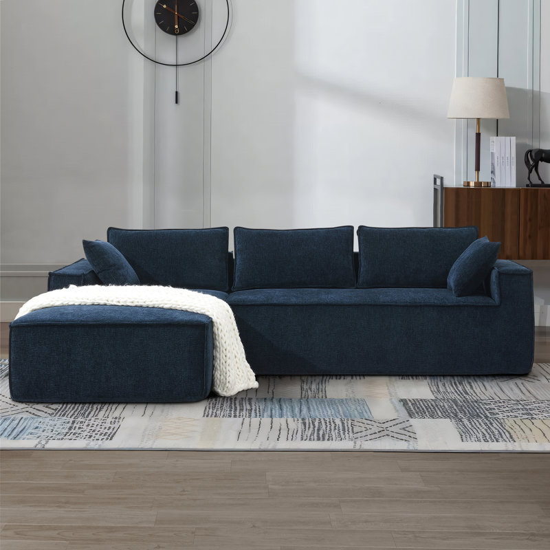 Chenille Boneless L-Shaped Sectional Sofa, Dark Blue