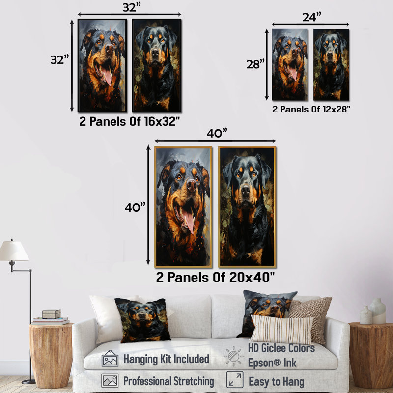 «Rottweiler Resilience - Dog», ensemble de 2 reproductions d'art mural, Toile tendue, H 28 po x l 25 po