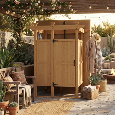 84'' H X 66'' W X 66'' D Outdoor Cedar Shower Room With Lockable Door For Poolside & Backyard