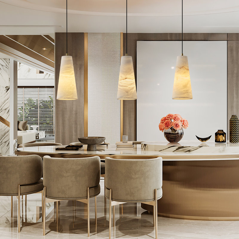 Rennata Height Adjustable Luxurious Alabaster Conical Pendant Lights(Set of 3), Gold