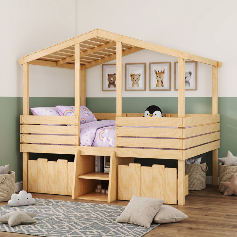 Lit mezzanine simple en bois avec tiroirs intégrés et conception en forme de maison, Lit double, Naturel