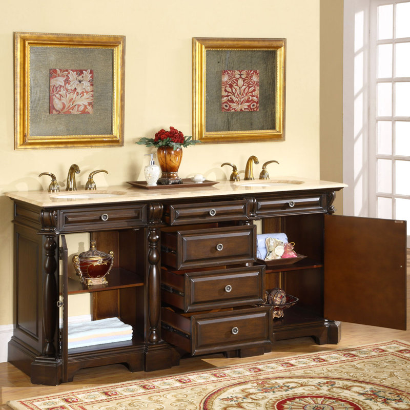 Ensemble de meuble-lavabo double 72 po Aiyaan, Pierre de travertin