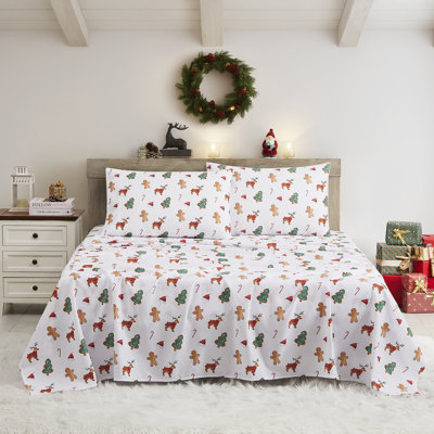 Ensemble de draps 4 pièces imprimés, facile à entretenir, literie des Fêtes douce et infroissable - Biscuits des Fêtes, double