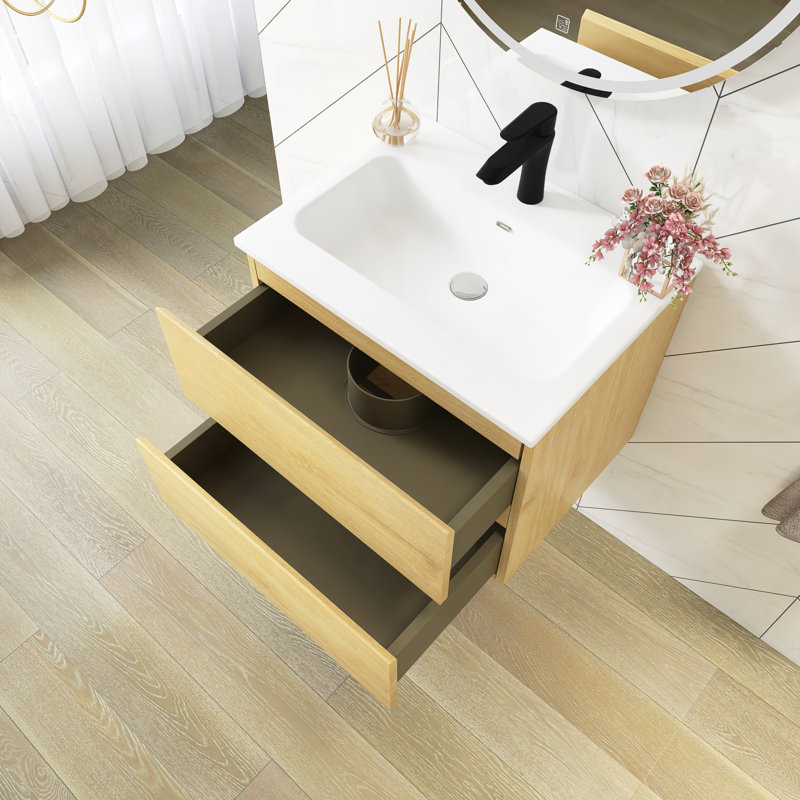 Meuble-lavabo mural 24 po avec comptoir en céramique blanche, Chêne