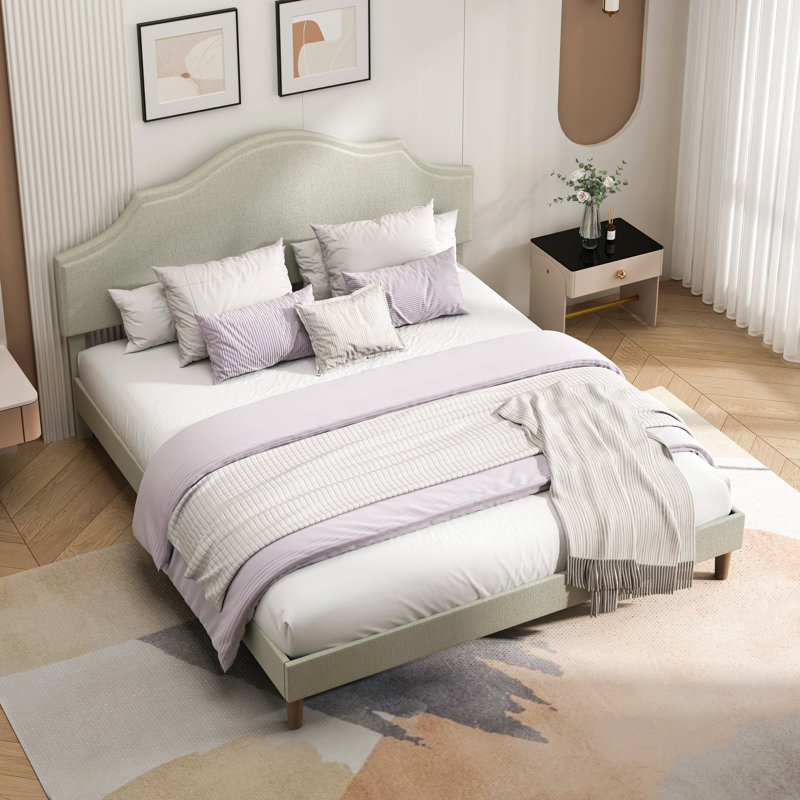 Lit plateforme rembourré avec tête de lit ajustable, rembourré en tissu de lin, lit plateforme simple de style moderne sans sommier