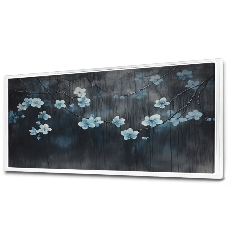 Art mural fleur de cerisier bleu, toile florale de minuit, Immanuel, H 28 po x l 60 po, Cadre flottant blanc