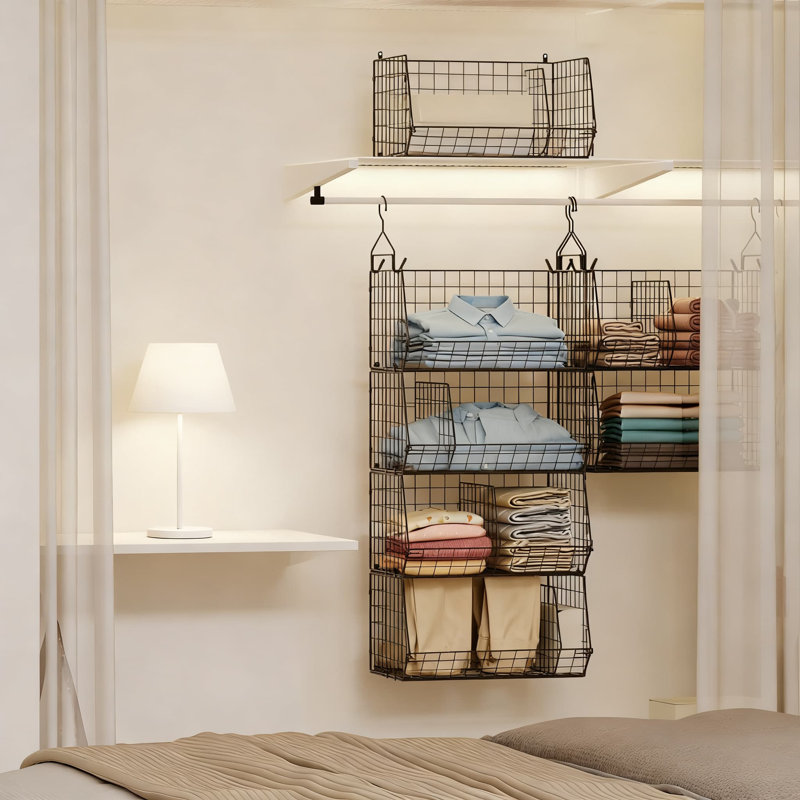 4-Tier Hanging Closet Organizer With Adjustable Dividers & S-Hooks, Foldable Storage Shelf For Clothes, Towels, And Household Items, Versatile Space-Saving Design