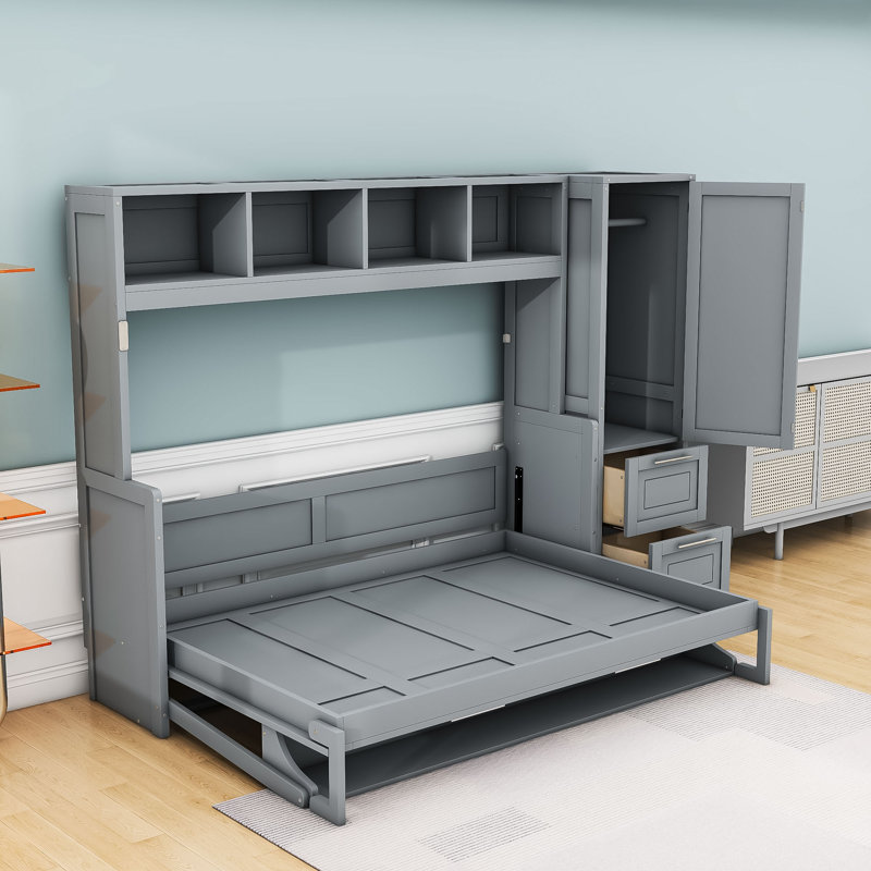 Lit escamotable double avec tiroirs et tablettes de rangement, Gris