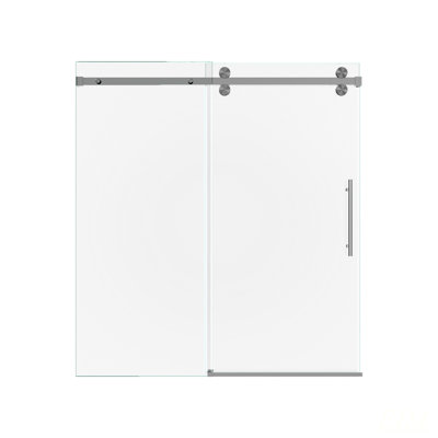 Enceinte de porte de douche à double porte coulissante sans cadre, verre trempé de 5/16 de pouce GV, quincaillerie en nickel brossé, idéale pour les espaces compacts
