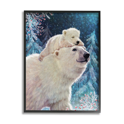 Ours polaire et ourson, scène d'hiver encadrée sur bois par Pip Wilson