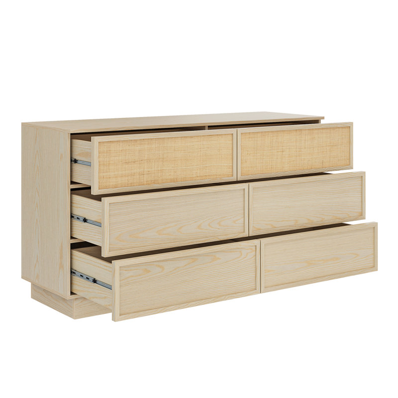 Commode 6 tiroirs 59 po en chêne naturel avec tiroirs en raphia, commode de chambre large avec glissières à fermeture en douceur