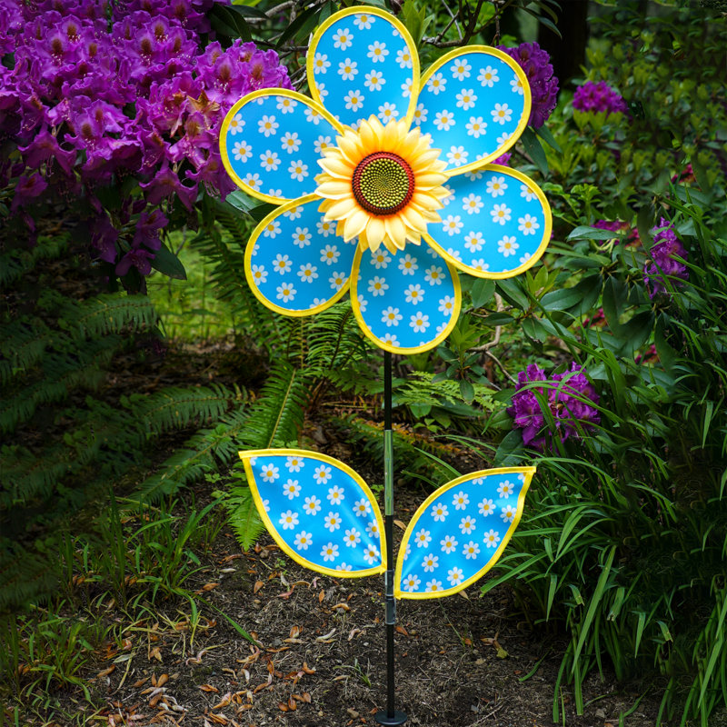 16-Inch Blue Daisy Sunflower Wind Spinner with Faux Leaves