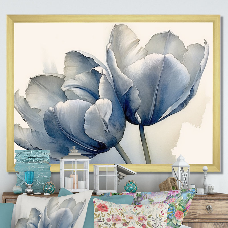 Tulipes, simplicité, saphir sur toile, H 24 po x l 32 po x P 1 po, Cadre doré simple