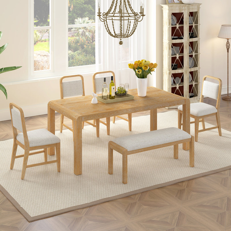 Ensemble de table de salle à manger extensible avec 4 chaises rembourrées et un banc, Naturel
