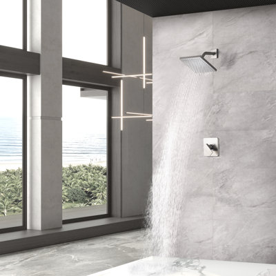 Garniture de douche Icon Collection seulement: pomme de douche carrée de 8 po, ensemble de poignées et soupape brute incluse - nickel brossé 