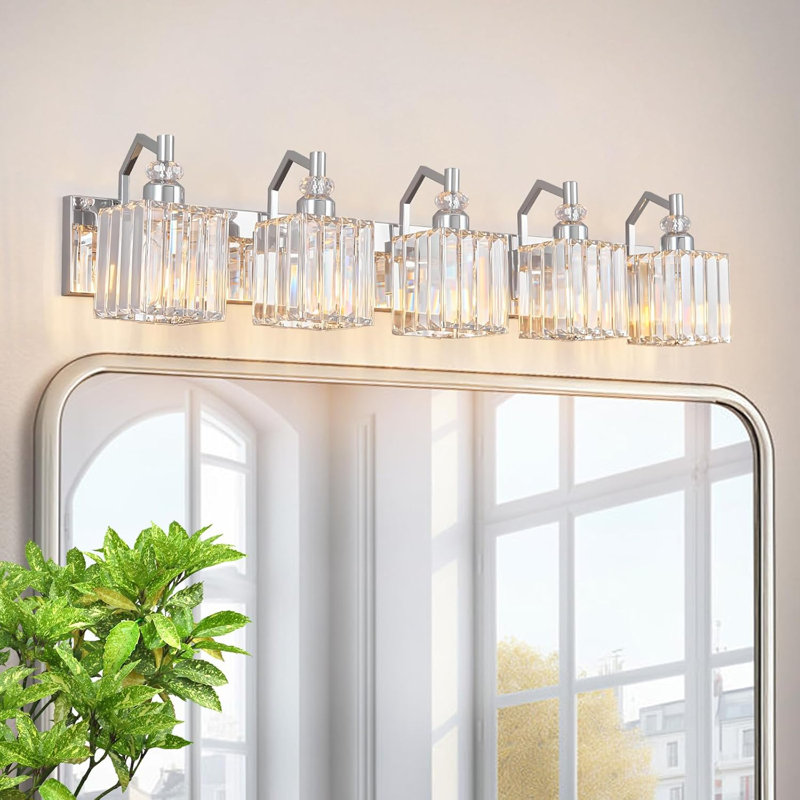 Modern Bathroom Vanity Light With Crystal Shade, Over Mirror Lighting Fixture, Easy Installation, Chrome, Square