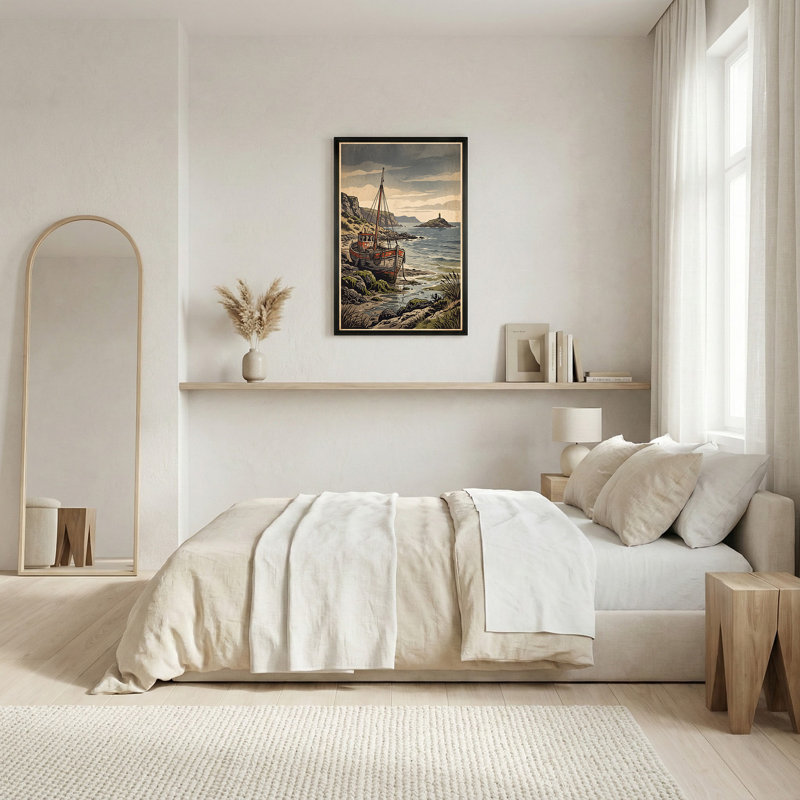 Art sur toile, bateau en bois orange gris sur une côte rocheuse près du phare, H 36 po x l 24 po