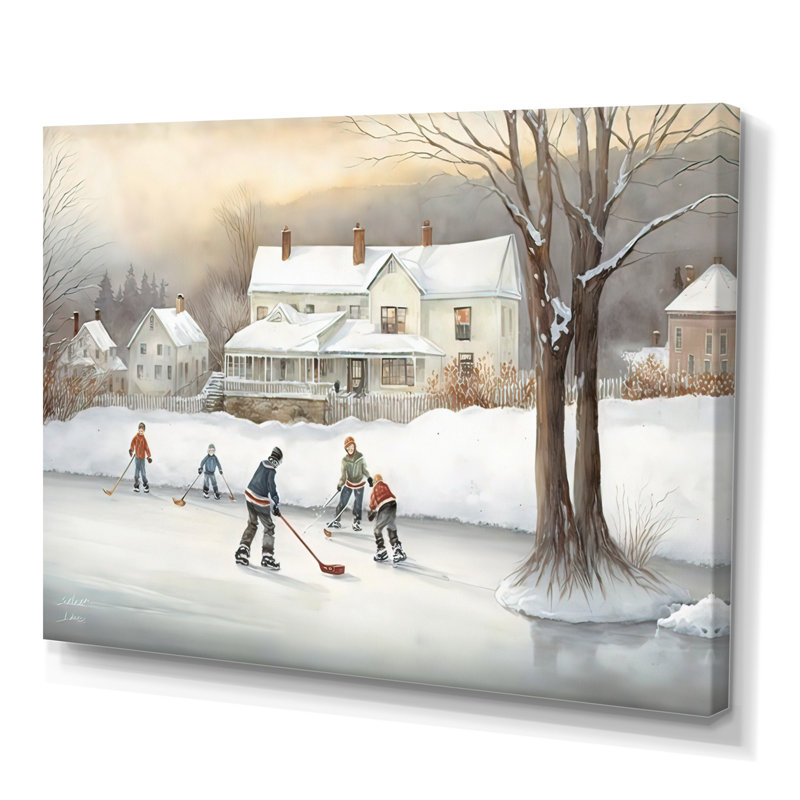 Enfants jouant au hockey en hiver III - peinture sur toile, Toile tendue, H 16 po x l 32 po x P 1 po