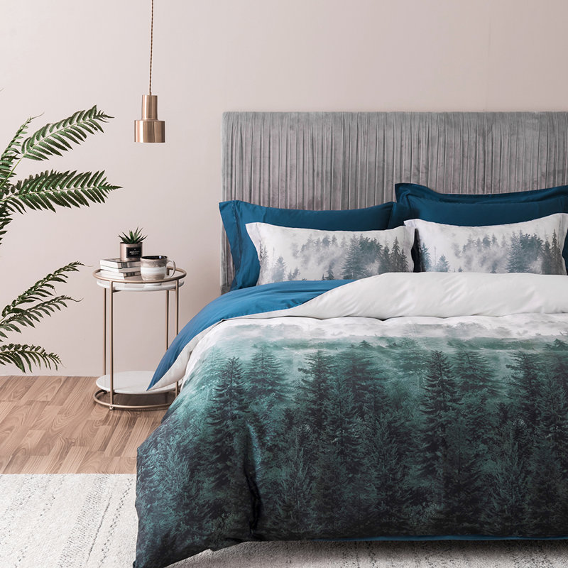 Nerissa Luxury 100% Long Staple Cotton Mountain Duvet Cover – Blue Green Gradient Forest Print, OEKO-TEX Certified, Silky Sateen Weave for Dreamy Comfort