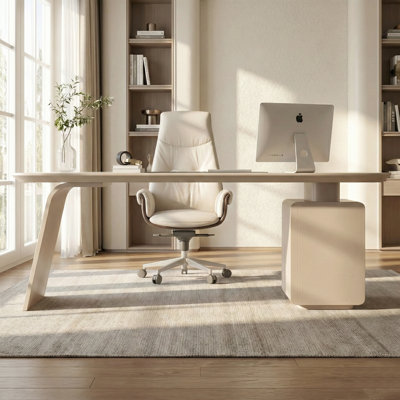 70" Modern Executive Desk with Power Outlets & Wireless Charging, Cream Sintered Stone Computer Table with 3 Drawers