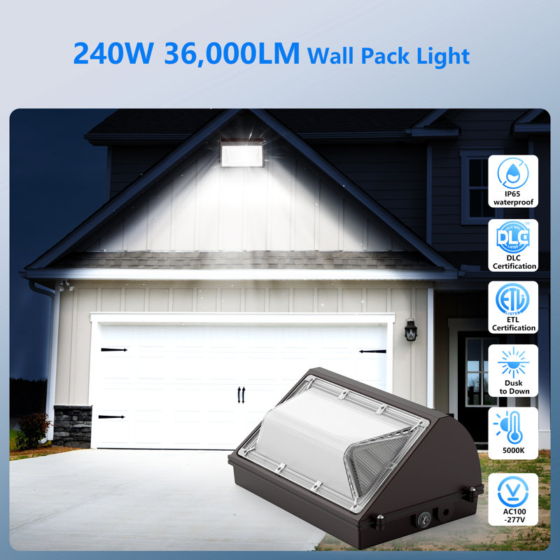 6Pack 240W LED Wall Pack Light with Photocell 36000LM 5000K IP65 Waterproof Dusk to Dawn Outdoor Wall Mount Light for Warehouse Garage Yard