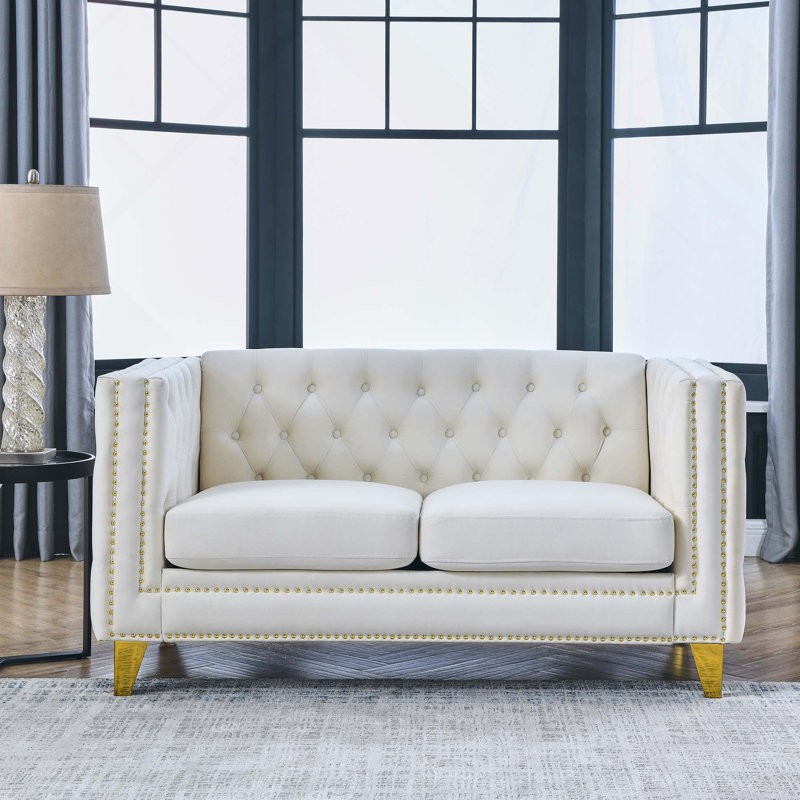 Canapé moderne en velours avec boutons capitonnés, accoudoirs carrés et pieds en métal, Velours beige