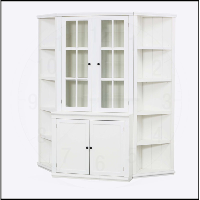 Vitrine de 75,25 po de hauteur avec deux tablettes triangulaires, combinaison murale rétro-moderne de 69,25 po de largeur, portes en verre pour un rangement et une présentation polyvalents - blanc