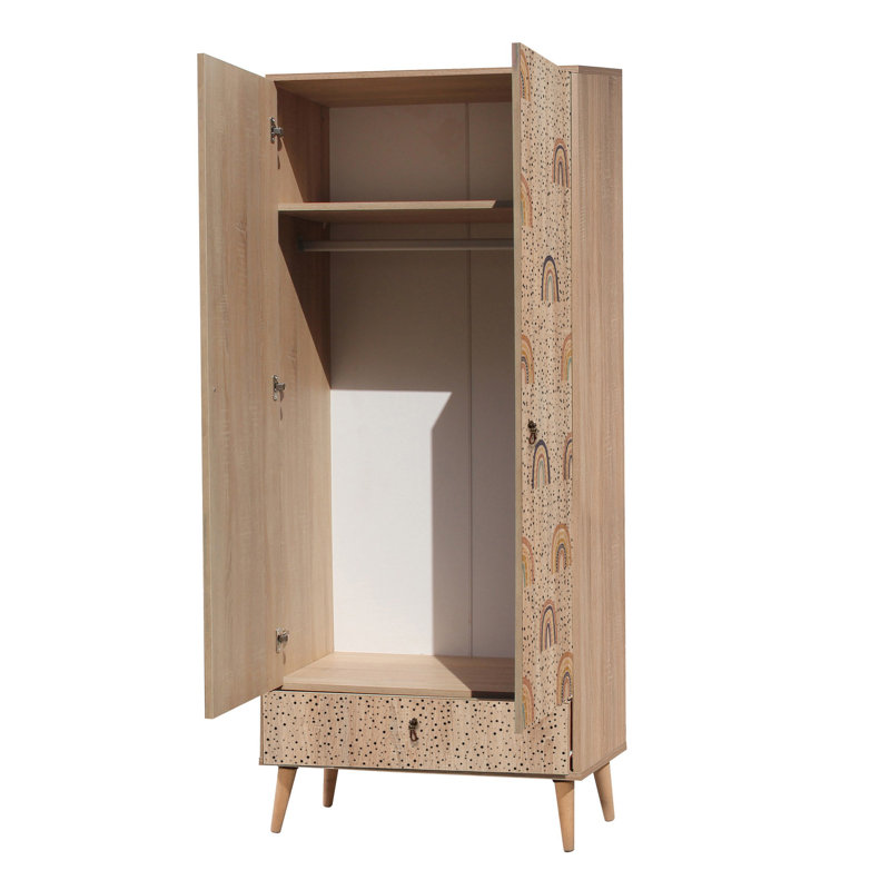 Stylish Bohemian Wardrobe with Geometric Design, 31.5 x 74.8 x 17.7 inches | 100% Melamine Coated Particle Board, Wooden Legs, UV Digital Printing | Numerous Shelves, Wall-Mountable, Extra Storage Solution