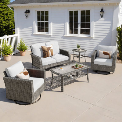 Isberga 5 Pieces Outdoor Patio Furniture Set With Rockers, Rattan Conversation Sets/Coffee Table For Backyard, Balcony, Deck And Bistro
