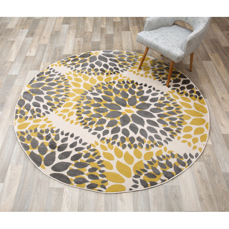 Floral Yellow/Dark Gray/Ivory Area Rug, Round 6'6" 